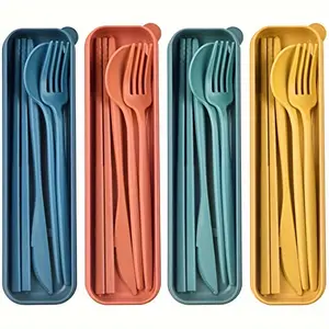 Set of 4, Travel Utensil Kit with Case, Handy Tableware Including Fork, Spoon, Knife, And Chopsticks for Camping And Travel