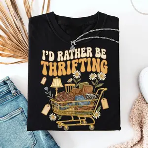 I’d Rather Be Thrifting, thrift aesthetic shirt, blue and gold vintage decor cart, retro thrifting graphic