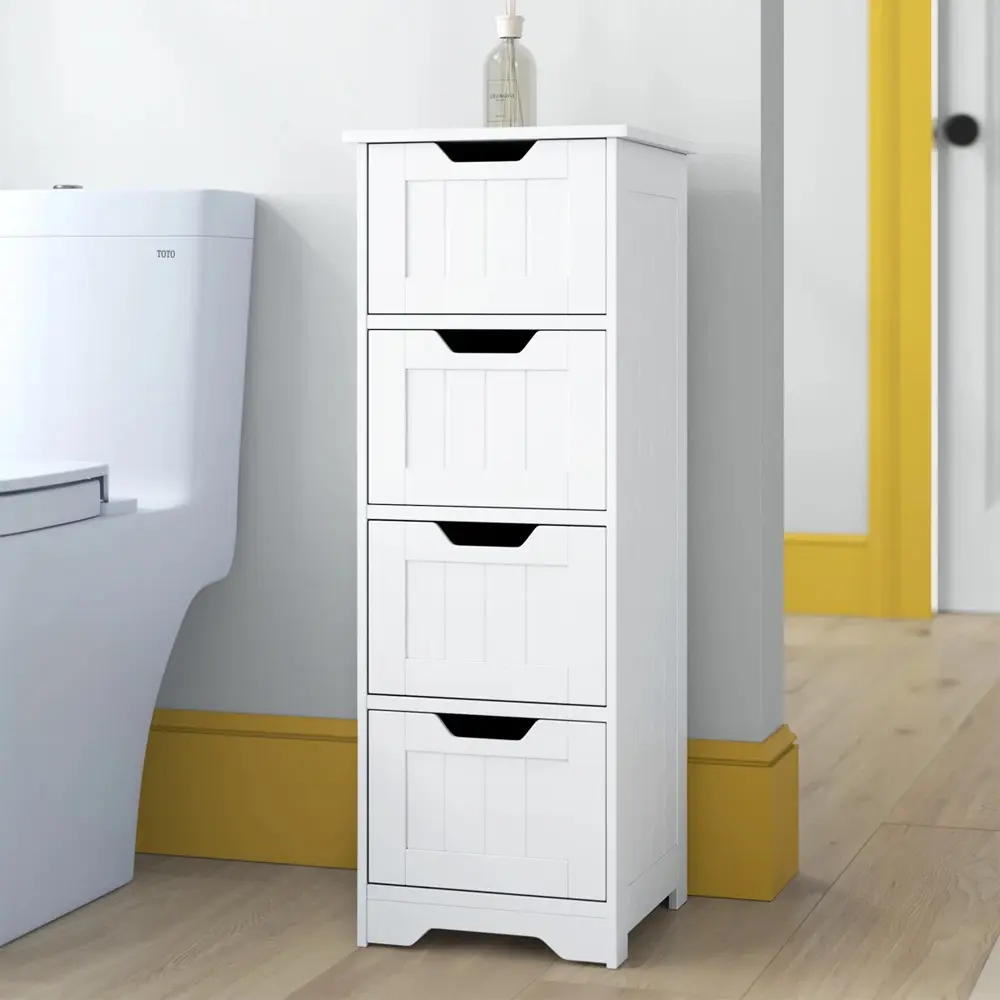 White 4-Drawer Freestanding Bathroom Storage Cabinet, Ultra Narrow 12" x 12" Floor Organizer Tower for Small Spaces, Towels & Toiletries (32.5" H), Bathroom Floor Cabinet Wood Free Standing Storage Organizer with 4 Drawers Gray