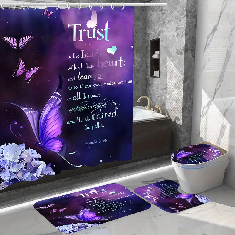 HOT 1/4pcs Purple Butterfly Letter Printed Shower Set  Waterproof Shower With 12 Hooks  Non-Slip Bathroom Rug  Toilet U-Shape Mat  Toilet Lid Cover Pad  Bathroom Decor  Shower Sets For Bathrooms Pedestal