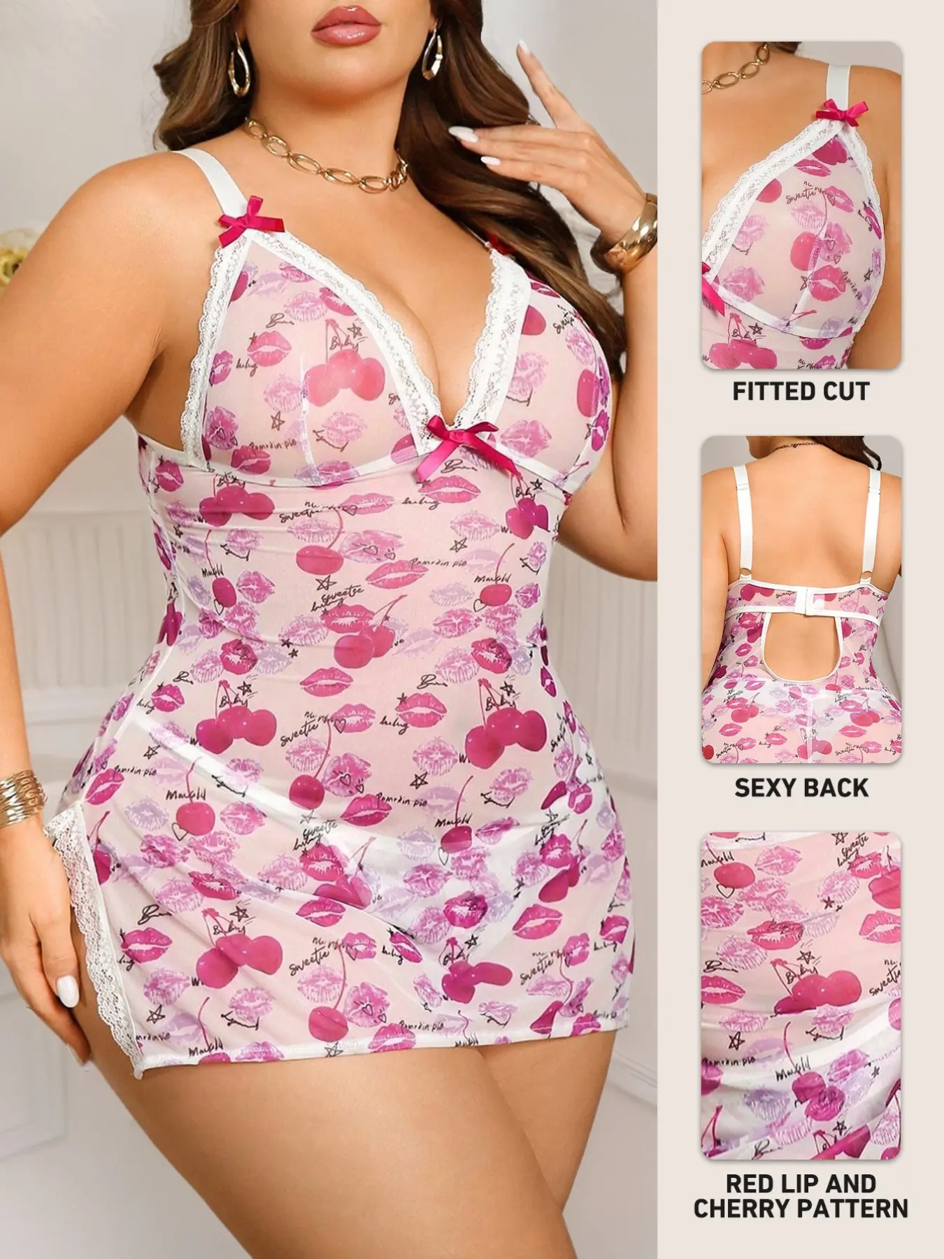 Valentine's Day Mesh Sheer Plus Size Erotic Sexy Lingerie Print Dress Set,  Comfortable Homewear for Daily Wear, 2 Piece Suit Loungewear - TikTok Shop