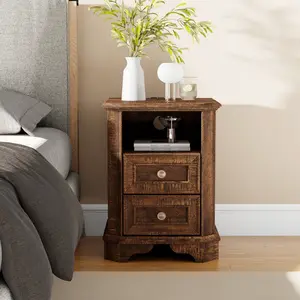 REDLEMON Victorian Nightstand with Charging Station, 18" End Table with 2 Drawers, Wooden Side Table, Bedside Cabinet for Bedroom, Living Room (Brown)