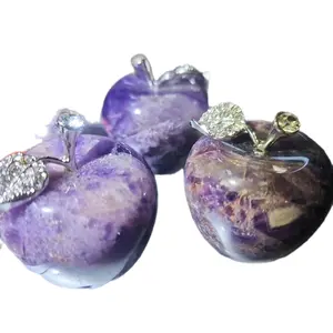 Beautiful Small Dream Amethyst Apple Carving with Silver Colored Stem Leaf Accessorized with Clear Crystal Decorative Item 1.4 Inches Wide