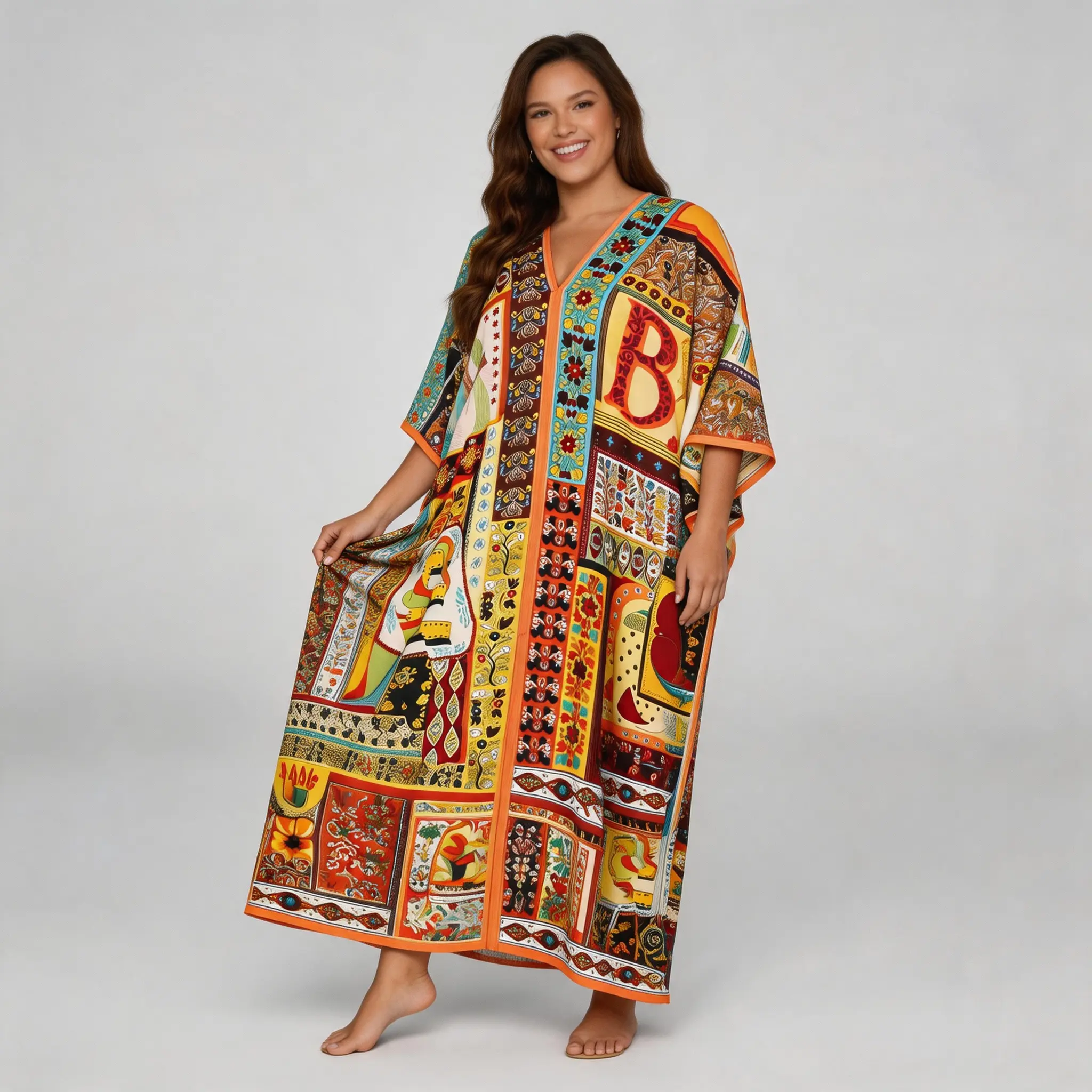 【Passion Samba Collection】Multicolor Floral Batwing Sleeve Crew Neck Robe andScarf Set for Women Casual Boho Style LightweightFabric for Beach & Party Wear summer outfits 2 piece sets