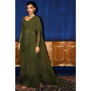 Olive branch embroidered blouse & ruffle saree set
