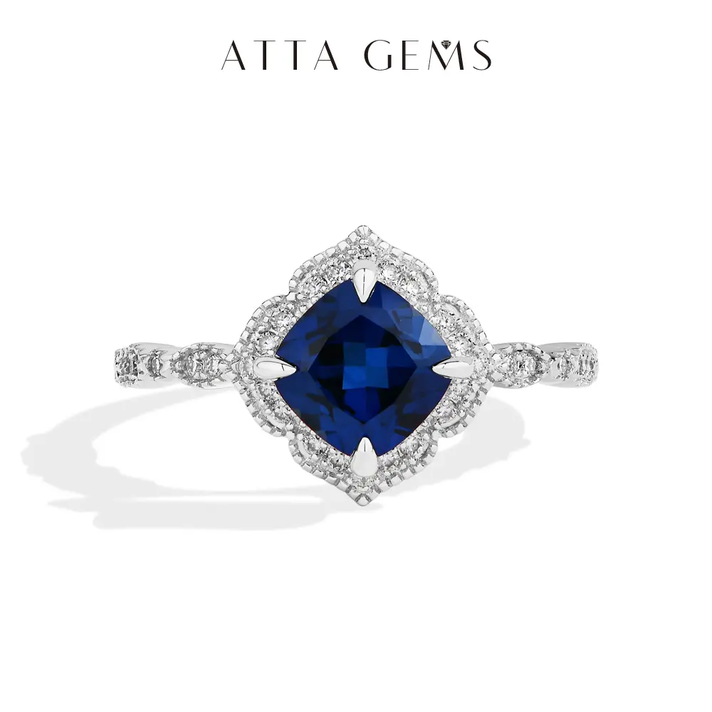 ATTAGEMS Cushion Cut 7.7mm Lab-Created Blue Sapphire Ring for Women 925 Sterling Silver Rings Fine Jewelry Party Holiday Engagement Gift R281, Elegant Ring summerwins,summerwins