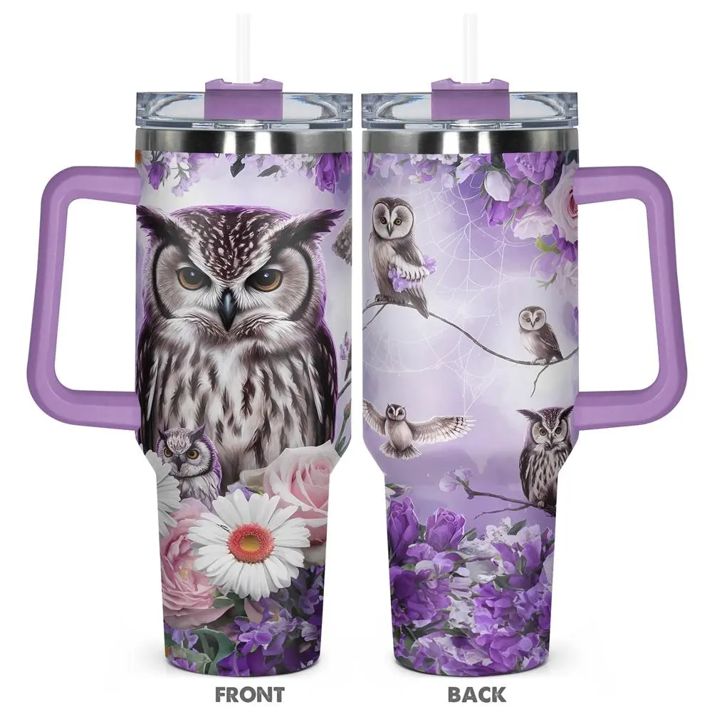 Owl Pattern Tumbler, 1 Count 40oz Stainless Steel Insulated and Durable Water Bottle with Lid & Straw, Birthday Gift for Friend