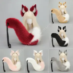 Handcrafted Kitsune Fox Ears Headband & Tail Set - Fluffy Faux Fur Animal Cosplay Props for Anime, Halloween Costume Accessories