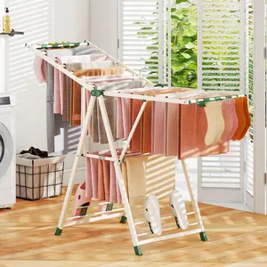 COSTWAY - 64 Inches Clothes Drying Rack with Height Adjustable Wings-Beige