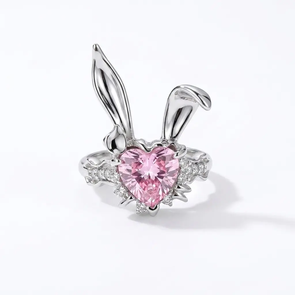 Cute Pink Rabbit Ring with Adjustable Opening and Synthetic Moissanite—Perfect as a Gift for Your Daughter, Wife, or Partner for Special Occasions