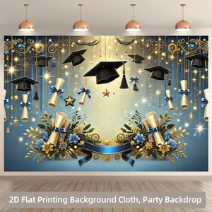 Graduation Celebration Banner Background Cloth Tapestry Wall Hanging Decor Golden Tassels Graduation Caps Stars Blue Ribbon Party Backdrop Living Room Decoration