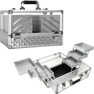 VER Beauty Armored Acrylic 6-Tiers Accordion Trays Professional Cosmetic Makeup Portable Travel Train Case with Brush Holder (Silver)