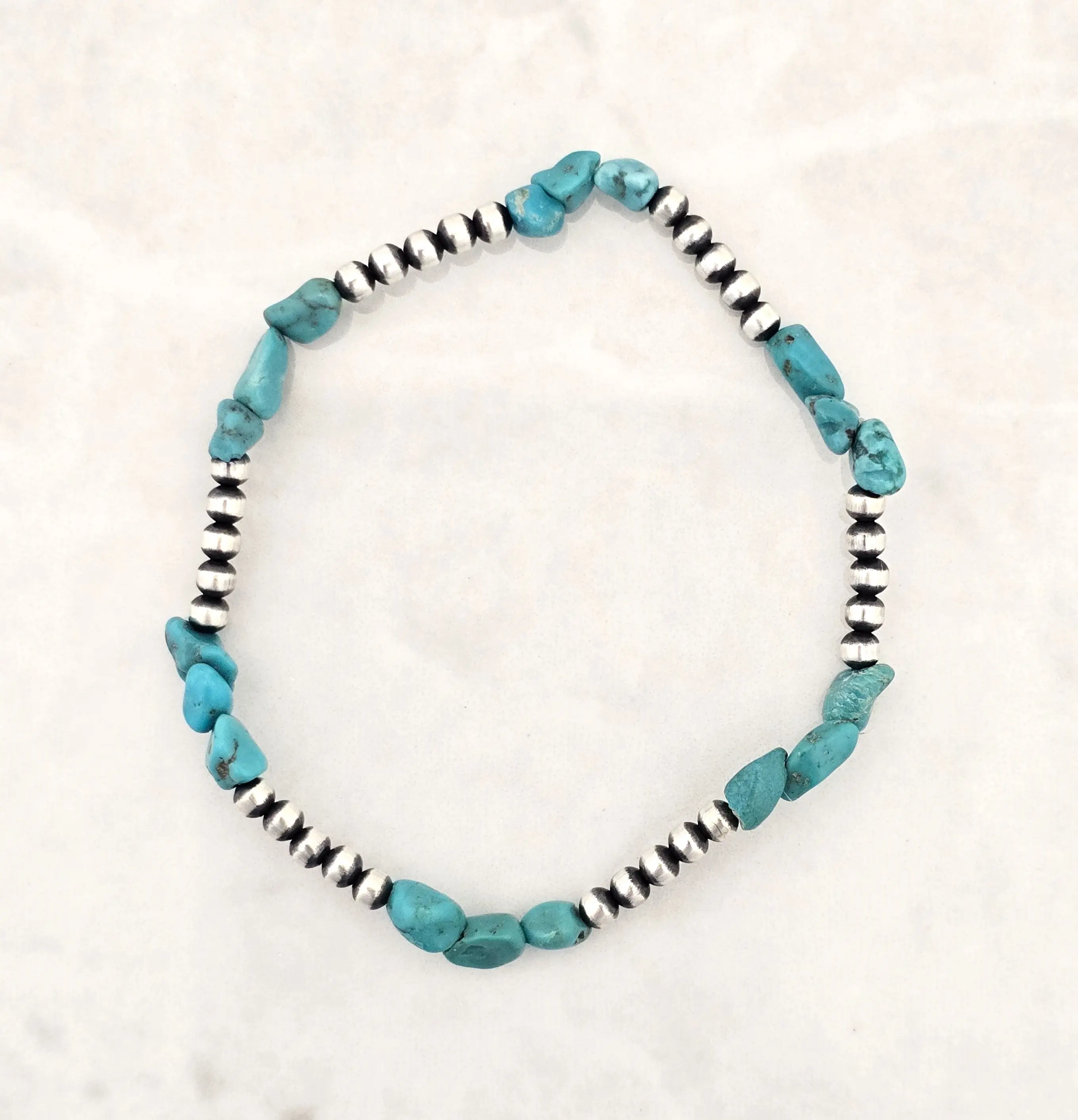 Desert Pearls & Turquoise Nugget Stretch Bracelet Sterling Silver