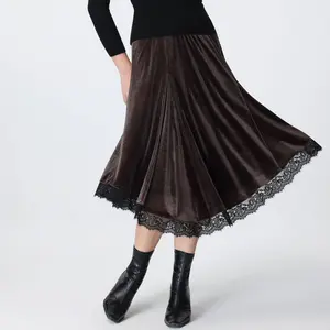 Women's High-Rise Velvet Lace Trim Asymmetrical A-Line Skirt - A New Day Dark Brown L