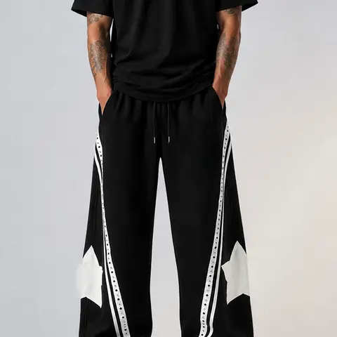 TELLFUN Men's Casual Barrel Sweatpants - Y2K High-Waist Panel, Wide-Leg Fit, Star Patch & Studded Stripe Detail, Unisex Streetwear, Oversized Track Pants, Striped Baggy Pants, Machine Washable, Oversized Track Men's Pants