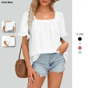Imily Bela Women's Summer Basic Peplum Blouses, Square Neck Ruffled Short-Sleeve Shirts, Breathable Fabric, Comfortable Fit Flowy Tops, S-2XL