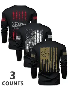 Men's 3-Piece Knit Flag Gradient Print Crew Neck Long Sleeve Fitted T-Shirt Set, Spring Outdoor Casual Pullover Tee, 3-Pack
