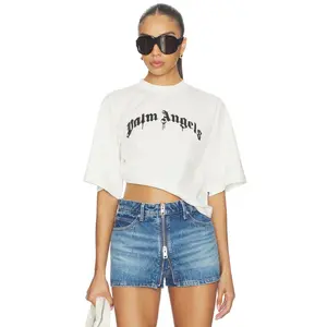 Palm Angels Curved Logo Boxy Tee in Off White & Black