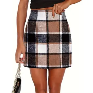 Women's High-Waisted Fall Bodycon Plaid Mini Skirt - Stylish A-Line Design, Comfortable Pencil Silhouette, Versatile for Daily Wear - Perfect for Autumn and Winter Seasons