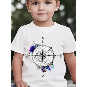 Boys' Compass Print T-Shirt - Nautical Compass Rose with North, South, East, West - Lightweight Summer Tee for Outdoor Adventures - Regular Fit Round Neck Shirt for
