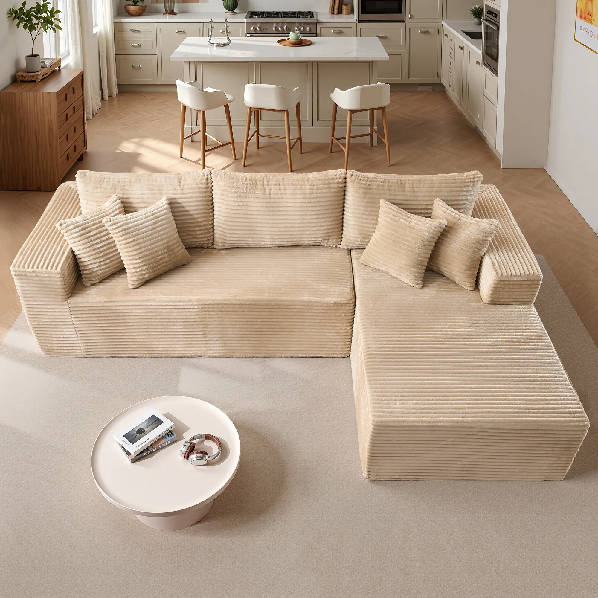 Beige Plush Corduroy Right Chaise