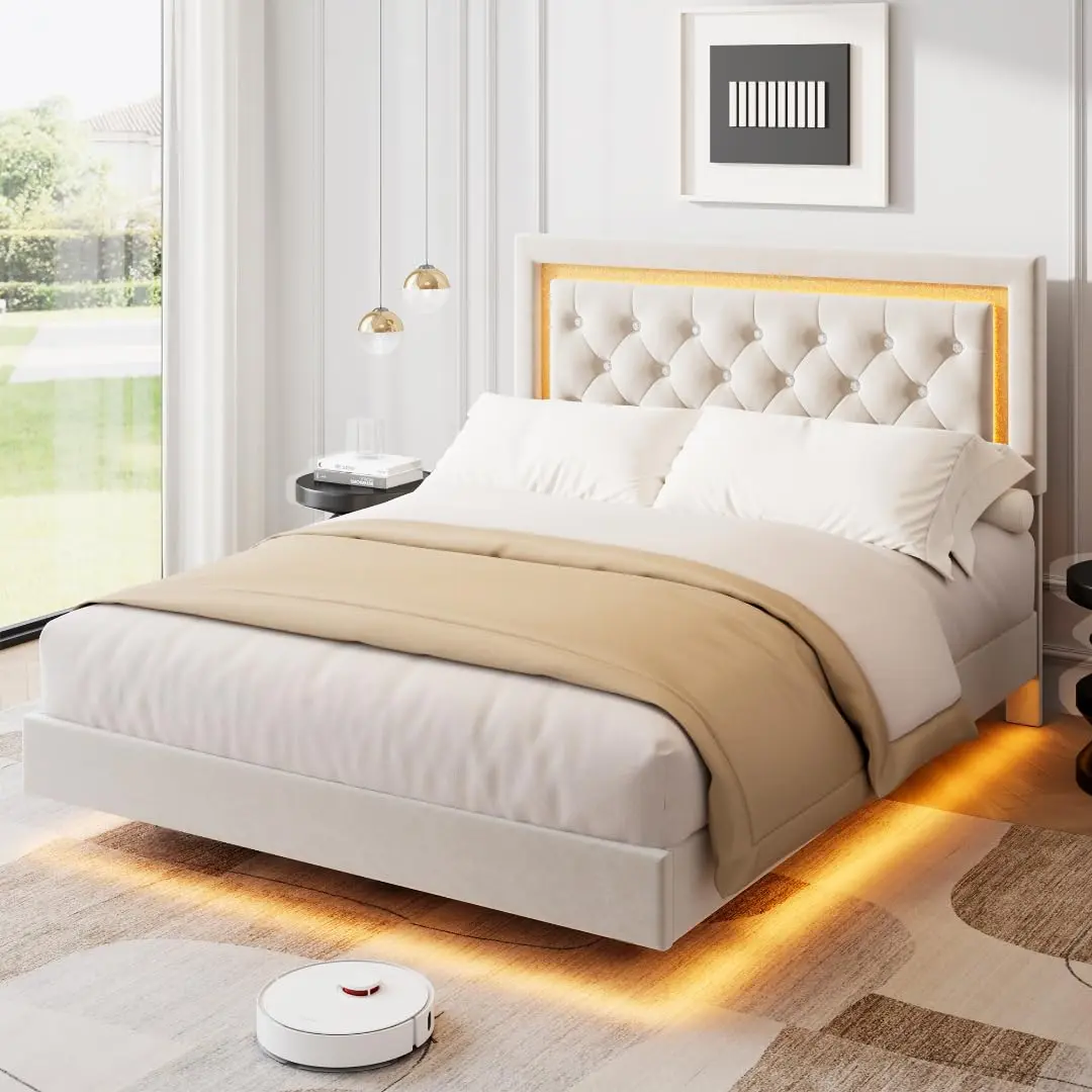 Full Size White Upholstered Modern Platform Bed Frame with Diamond Headboard, Smart LED Lights, Solid Wood Slats Support, Noise-Free, No Box Spring Needed, Easy Assembly