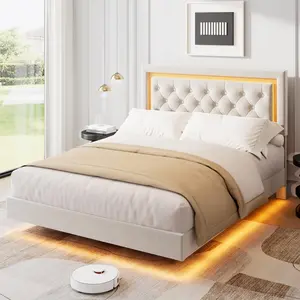 White Floating Bed Frame Full Size with Smart Led Lights, Upholstered Platform Bed with Diamond Headboard, Solid Wood Slats Support, No Box Spring Needed, Noise-Free, Easy Assembly,