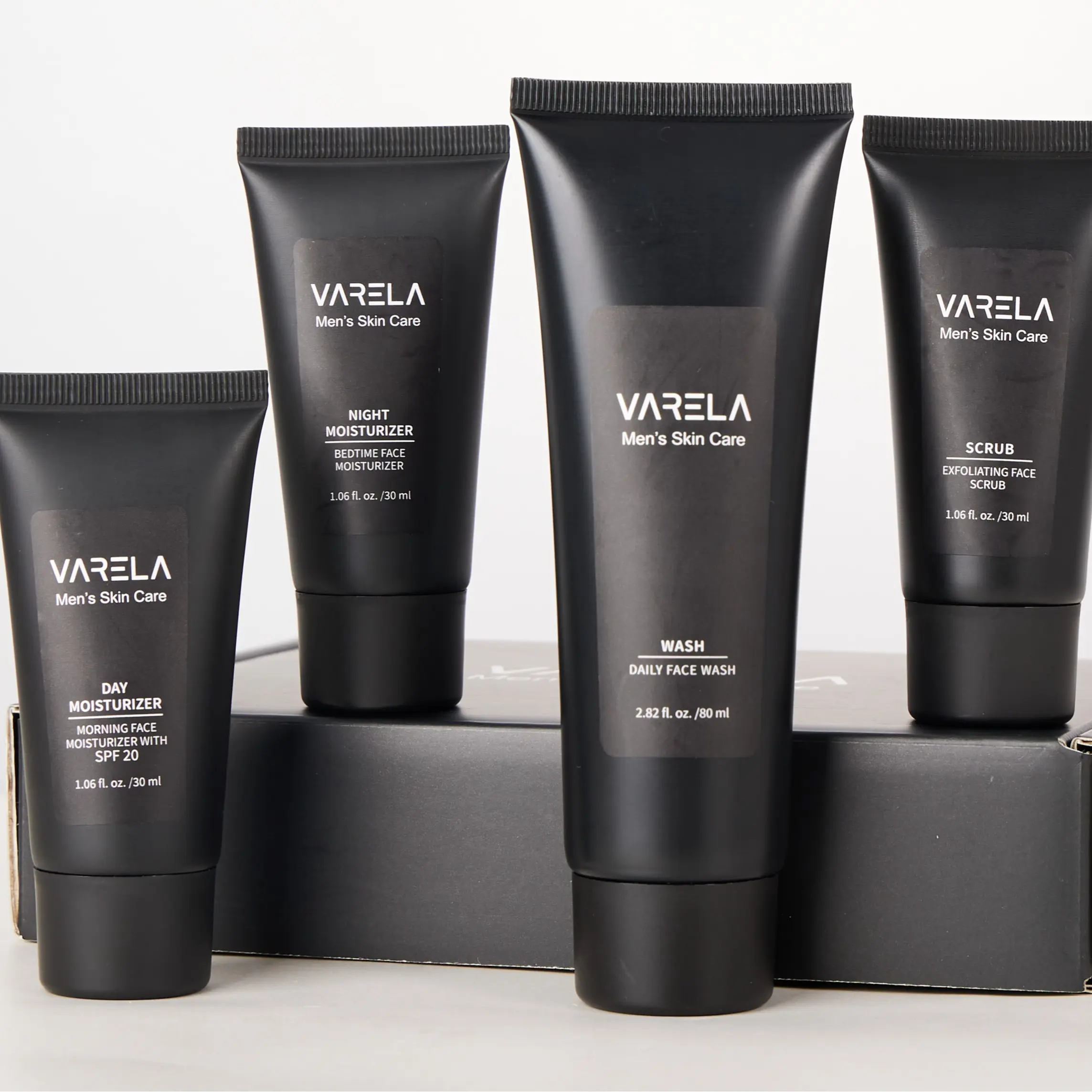 VARELA - Premium Men's 4pc Skin Care Set | Men's Face Scrub | Men's Morning Moisturizer with SPF20 and Men's Evening Moisturizer | Men's Face Cleanser | 1 Month Supply Sensitive Skin