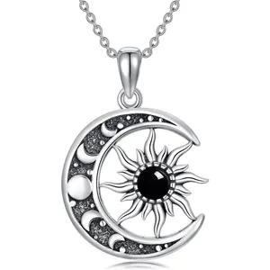 Black Onyx Sun and Moon Necklace 925 Sterling Silver Sun Moon Pendant Gemstone Jewelry Gifts for Women