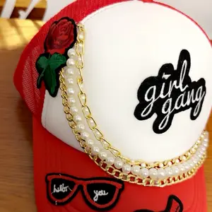 "Girl Gang" Red & White Trucker Hat with Pearl Chain and Rose Embroidery – Bold Fun Unapologetic Design