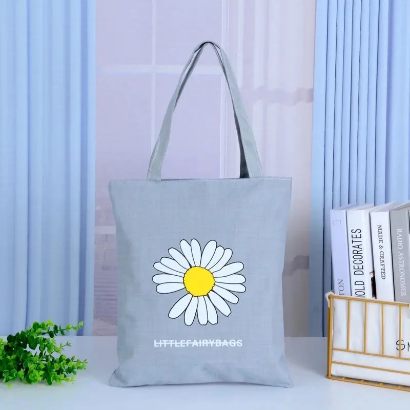 LittleFairyBags Blue Canvas Tote Bags with Daisy Designs - Stylish & Functional Everyday Bag with Double Handles for Shopping Work or School