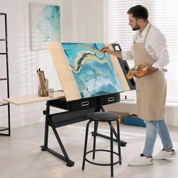 Adjustable Tilted MDF Board Drafting Table - Artist Desk for Crafting, Includes Stool, Key Dimensions: 12.4x18.8x3.9", 20.1x11.8", 23.6x15x0.7"