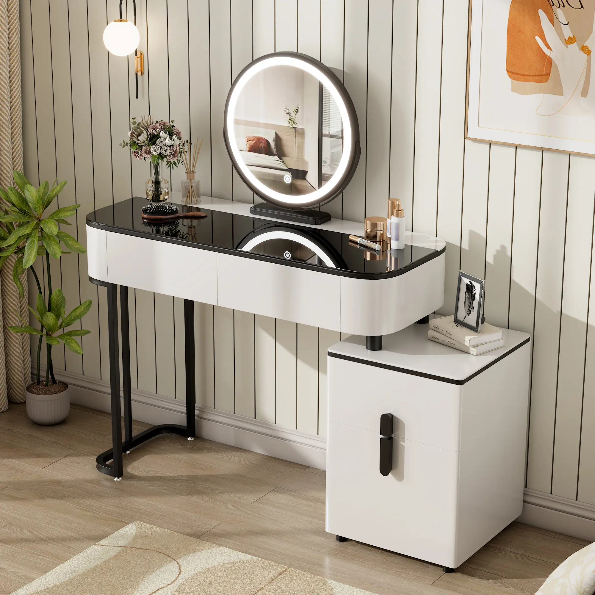 Sturdy Contemporary Classic White & Black Makeup Vanity Table - 39.4" Width Tempered Glass Top, Adjustable Height Legs, Storage Cabinet, Round Mirror, Requires Assembly, for Bedroom Decor, Small Dressing Areas