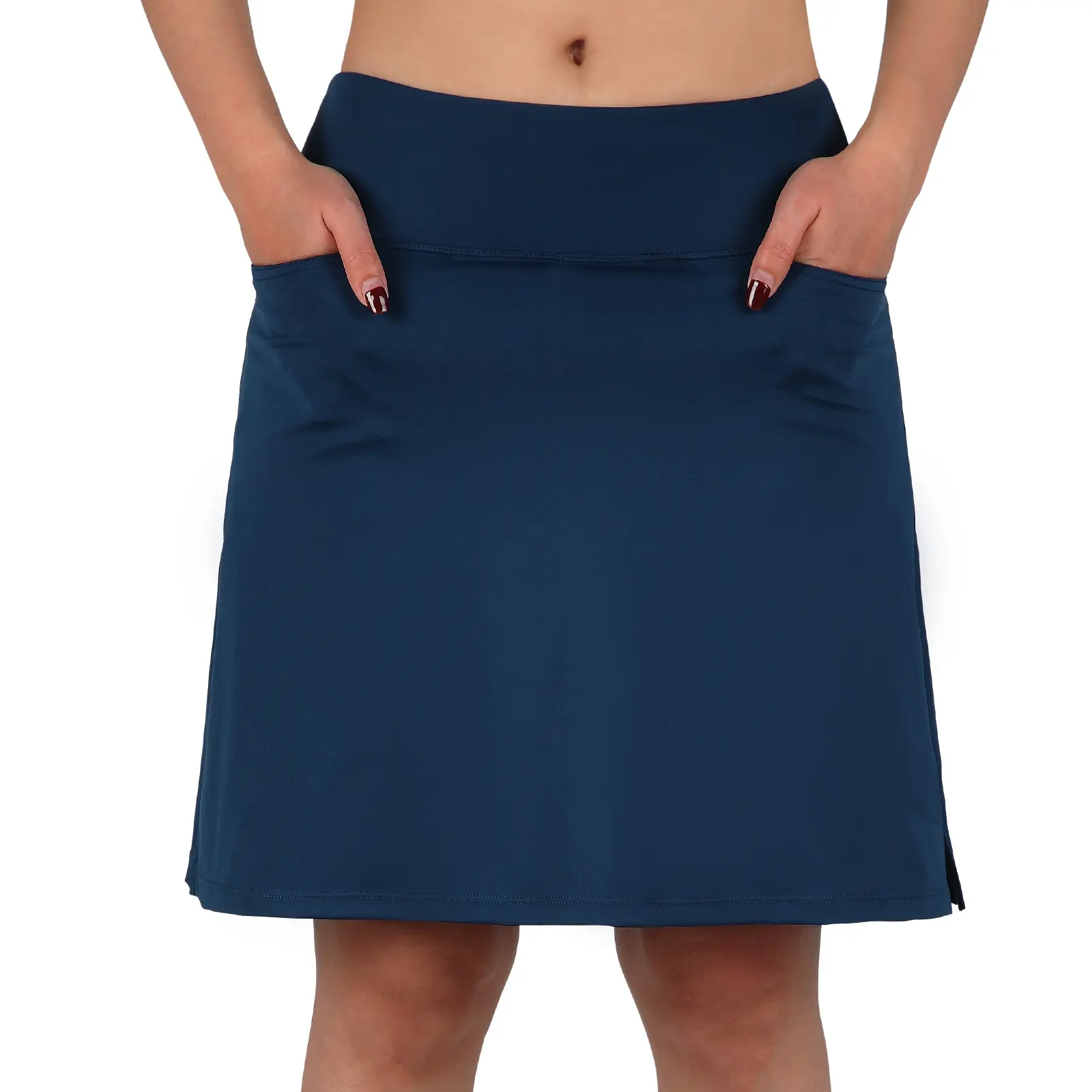 Women’s anti-exposure skort; summer deep blue minimalist short skirt; athletic skort (with shorts); tennis skirt; holds a phone; 20-inch knee-length skort; fashionable women’s sports short skirt