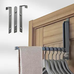 Folding Clothes Drying Rack with 3 Brackets for Over The Door and Wall Mount, All Metal Laundry Dryer Rack with Retractable Rod for Towel, Fit Doors Thickness from 0.59in to 1.96in (Space Grey)
