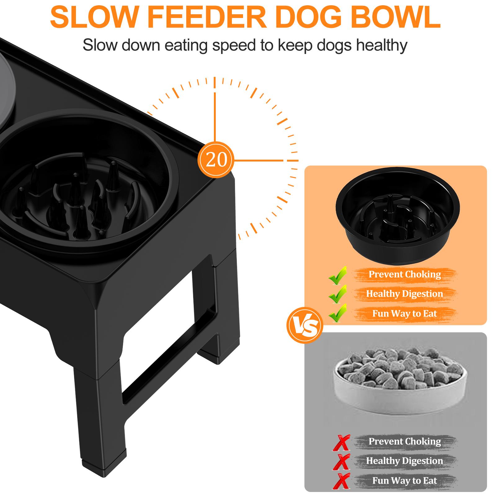 4 Height Adjustable Raised Dog Bowl Stand with Slow Feeder & No-Spill Water Bowl | Foldable Design | Elevated Feeder for All Dog Sizes