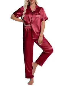 DAKIMOE Silk Satin Pajamas Set for Women Two-Piece Short Sleeve Shirt with Long Pajama Pant Set Soft Button down Loungewear Nightwear Pjs Sleepwear for Women