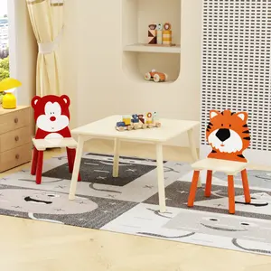 3-Piece Sturdy Wooden Kids Table and 2 Chairs Set, Animal Cartoon Toddler Activity Play Table, Indoor Children’s Furniture for Ages 3-8, Gift for Bedroom/Playroom,summervibes