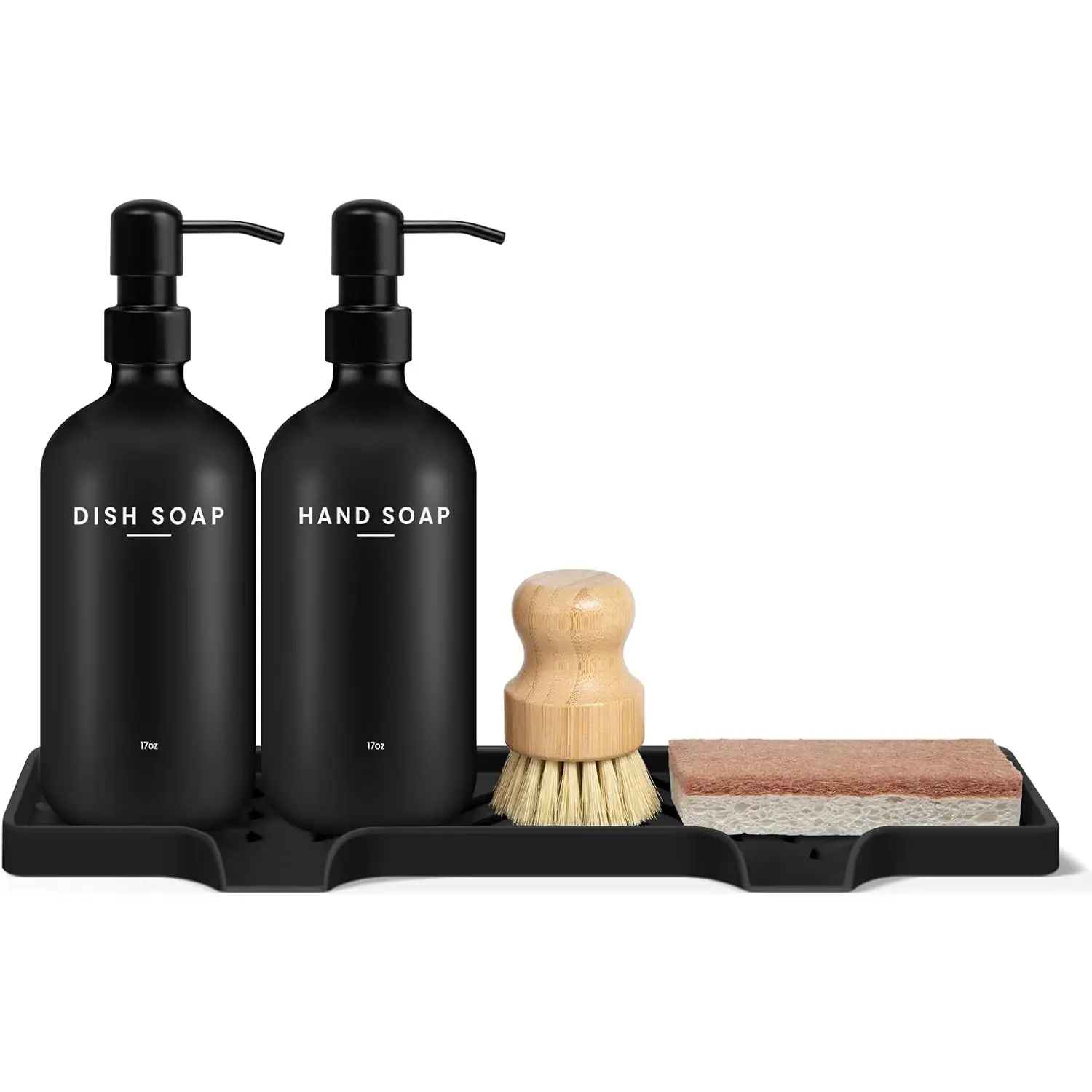 Eco-Chic Household Dual Soap Pump Soap Set - 2-Pack 17oz Leak-Proof Reusable Glass Black Bottles + Black Pumps, Rustproof Stainless Steel, Self-Draining Tray, Bamboo Brush, Sisal Sponge, Mess-Free Refill, Complete Eco-Chic Cleaning Kit for Housewarmings