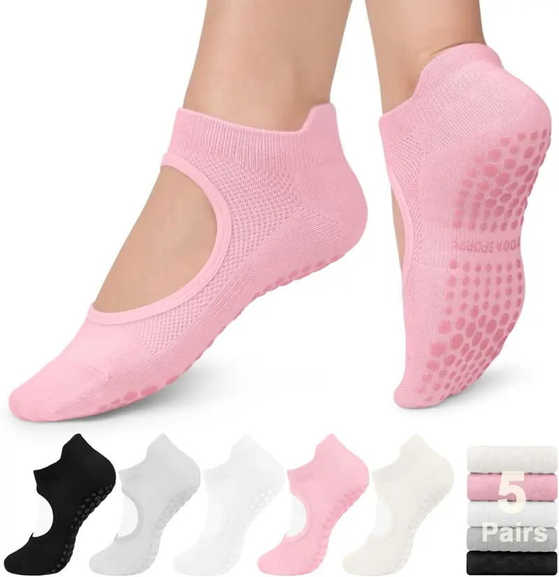 5 Pairs Pilates Socks Yoga Socks with Grips for Women Non Slip, Pilates, Workout, Pure Barre, Ballet, Dance, Hospital Socks Womenswear