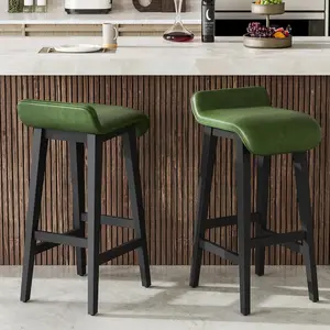 Bar Stools Set of 2, Modern Upholstered Kitchen Stools with Low Back and Footrest, Counter Height Bar Stools with Wood Legs, for Kitchen Counter, Dining Room, Green