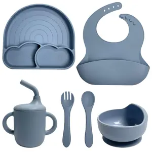 6PCS Silicone Baby Feeding Set with Rainbow Suction Plate Spoon Fork Bowl Water Cup Bib & Sippy Cup for Toddlers Easy Clean Weaning Supplies