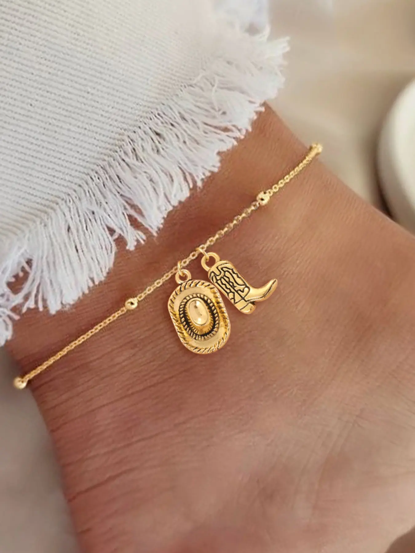 Western Cowboy Boot Hat Pendant Anklet Chain for Women, Simple Vintage Stainless Steel Bead Anklet, All Seasons Jewelry