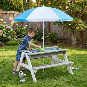 Aobtkel®3-in-1 Kids Wooden Picnic Table withUmbrella, Convertible Sand and Water ActivityTable, Gray Outdoor PlaySet for Garden Backyard, Ideal for Kids OutdoorPlay, Outdoor Play Sets