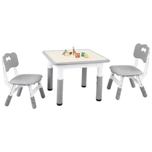 Kids Table and 2 Chairs Set, Height-Adjustable Toddler Table and Chairs Set with Graffiti Desktop, Children Activity Table for Daycare, Classroom,Home Baby Furniture Activity Table and Chair Set Activity Set