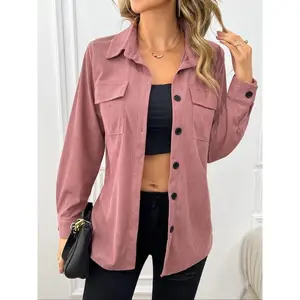Women's Plain Button Front Pocket Corduroy Blouse, Casual Long Sleeve Collared Top for Fall & Winter, Women's Clothing for Daily WearGift
