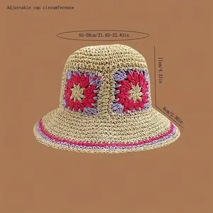 Jacquard Ethnic-Style Hand-Woven Straw Hat Foldable Fashionable Sunshade Versatile Fisherman Hat with Colorful Floral Design