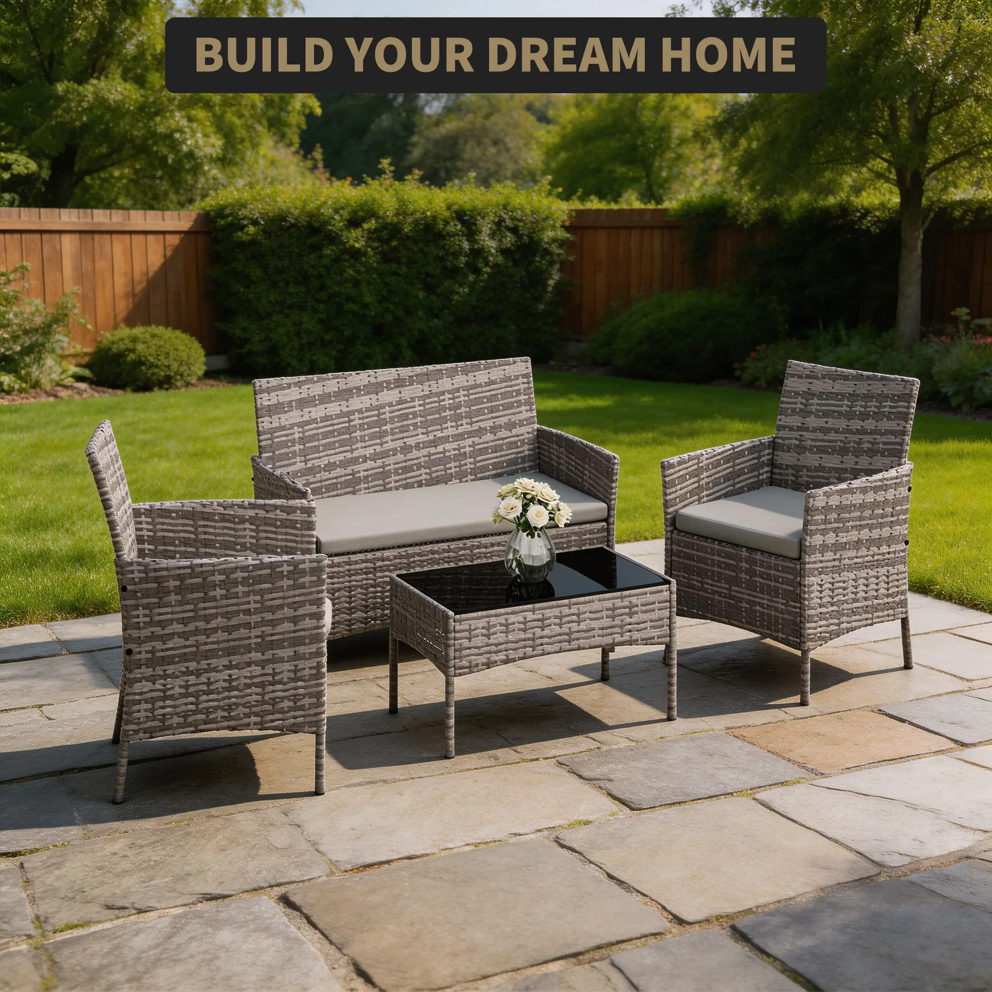 4-Piece All Weather Wicker Patio Conversation Set, Farmhouse Patio Furniture Sets with Cushions & Glass Top Table, Heavy-Duty Casual Outdoor Furniture for Backyard, Garden, Heavy-Duty Outdoor Furniture Sets