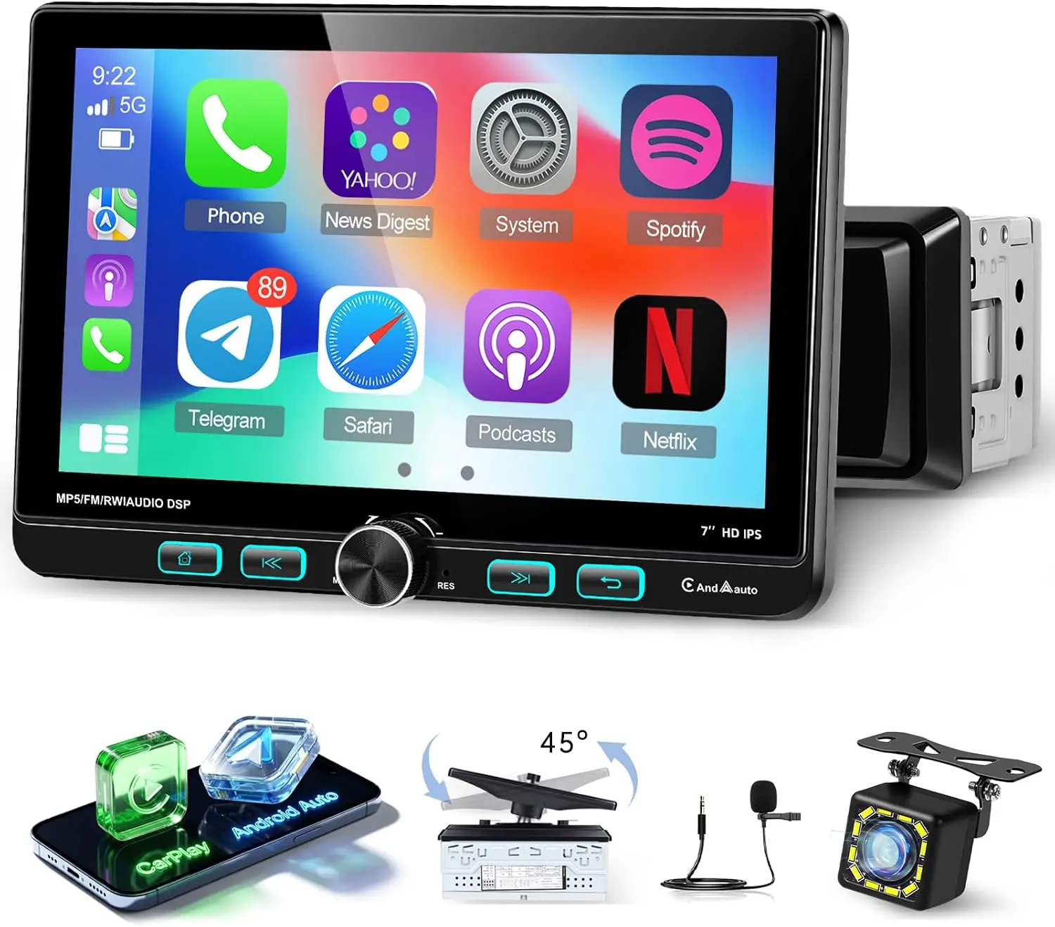 7 inch Single Din Stereo with Wireless Carplay & Android Auto | 1 Din Touch Screen Car Radio with Backup Camera, Support Mirror Link, Bluetooth, EQ, FM/AM/RDS Radio, SWC, USB