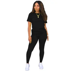 Womens 2 Piece Biker Short Set Tracksuits Outfits O Neck Short Sleeve High Waisted Skinny Long Pants Sweatsuit Sets